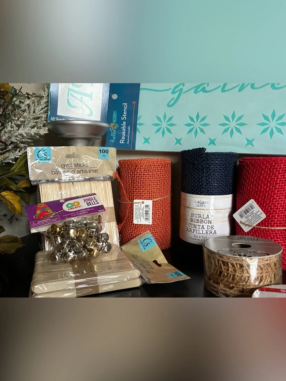 NWT Assorted Craft Bundle Set: Burlap/Ribbons/Stencils/Craft Sticks/Jingle Bells
